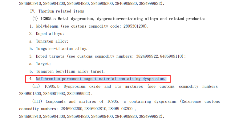 Export restriction Ndfebromium permanent magnet material containing dysprosium